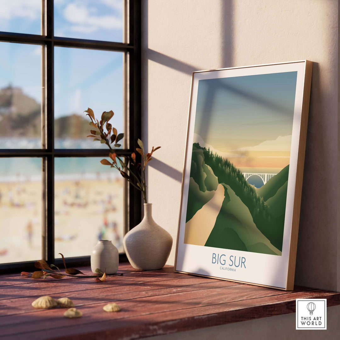 Big Sur California Art Print on a desk, featuring minimalist design and nature-inspired colors, perfect for home decor.