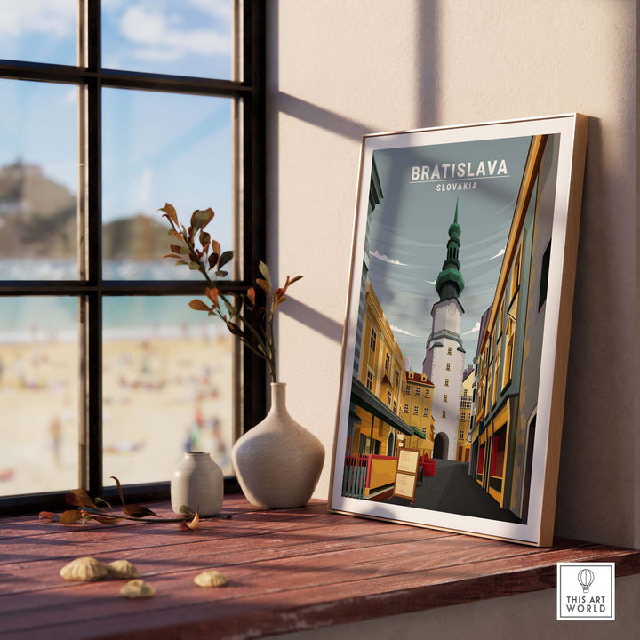 Minimalist framed Bratislava Poster showcasing Slovakia's historic architecture and vibrant colors.