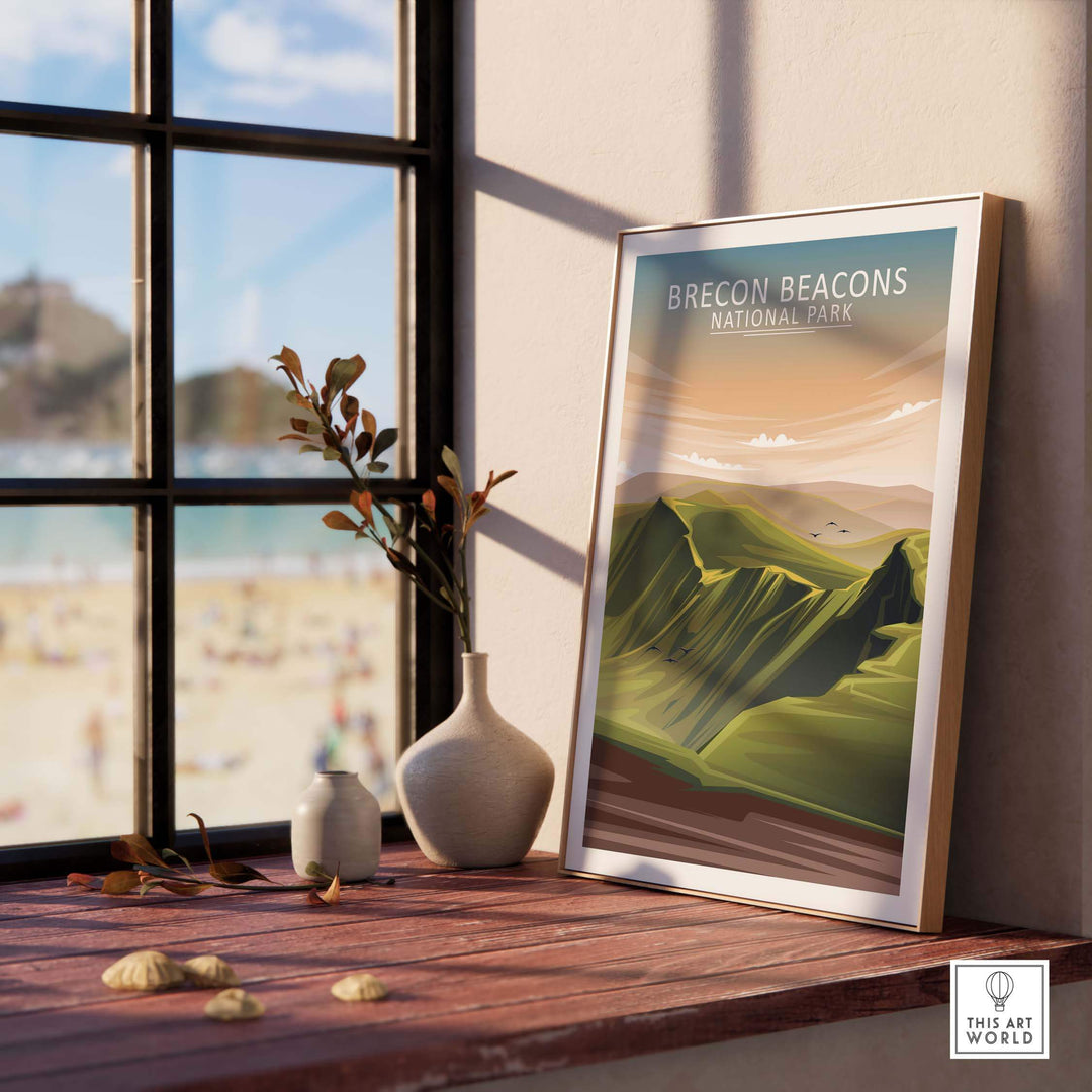 Brecon Beacons National Park poster displayed in a stylish interior, capturing nature's beauty in minimalist art.