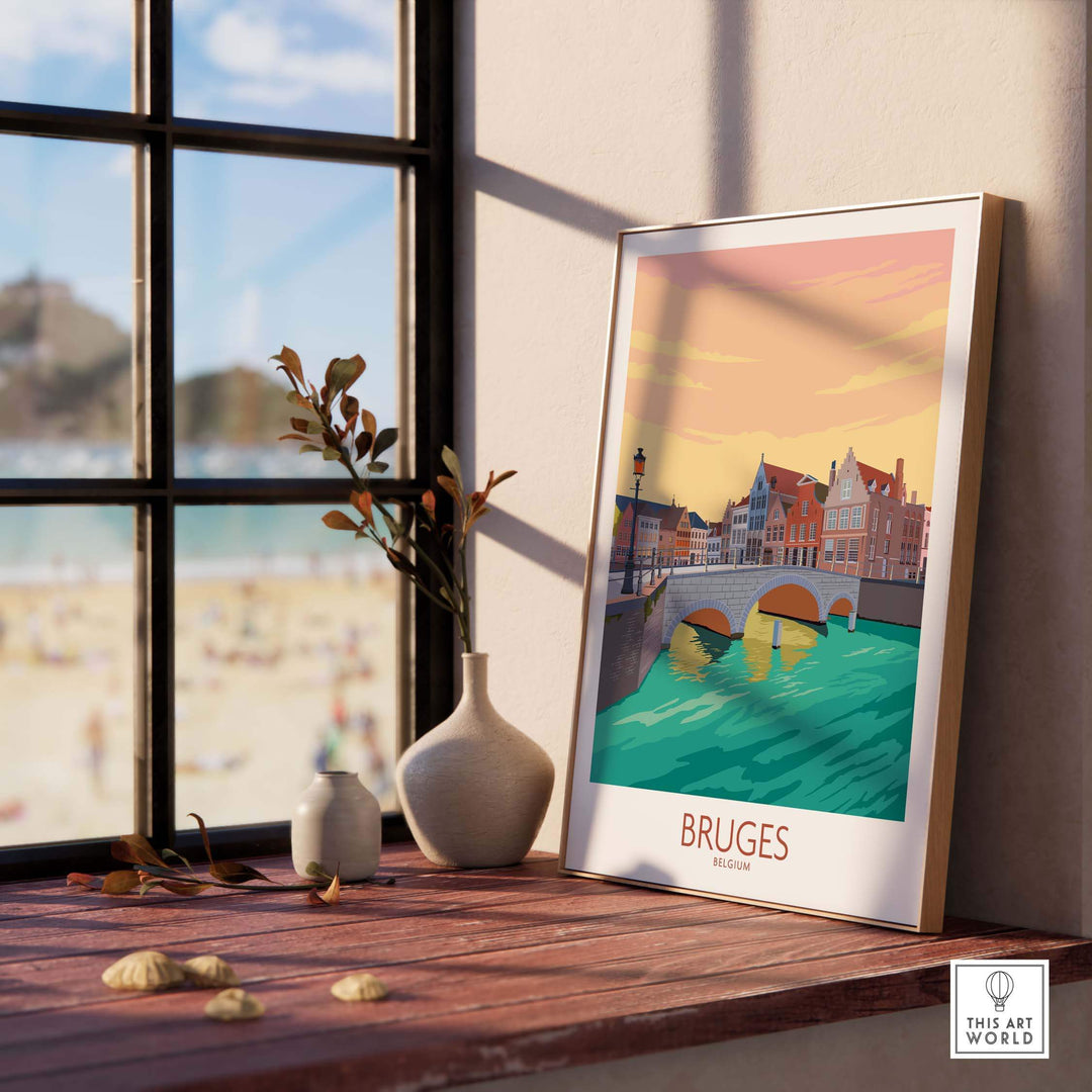 Bruges Belgium vintage travel poster on a stylish table by the window, showcasing serene canal views and colorful architecture.