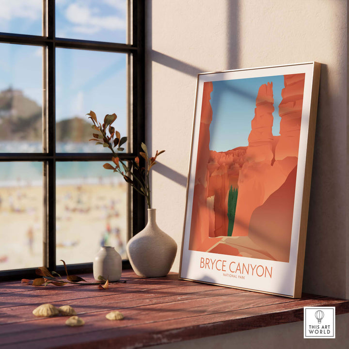 Bryce Canyon National Park art print displayed on a windowsill, featuring minimalist design and vibrant colors.