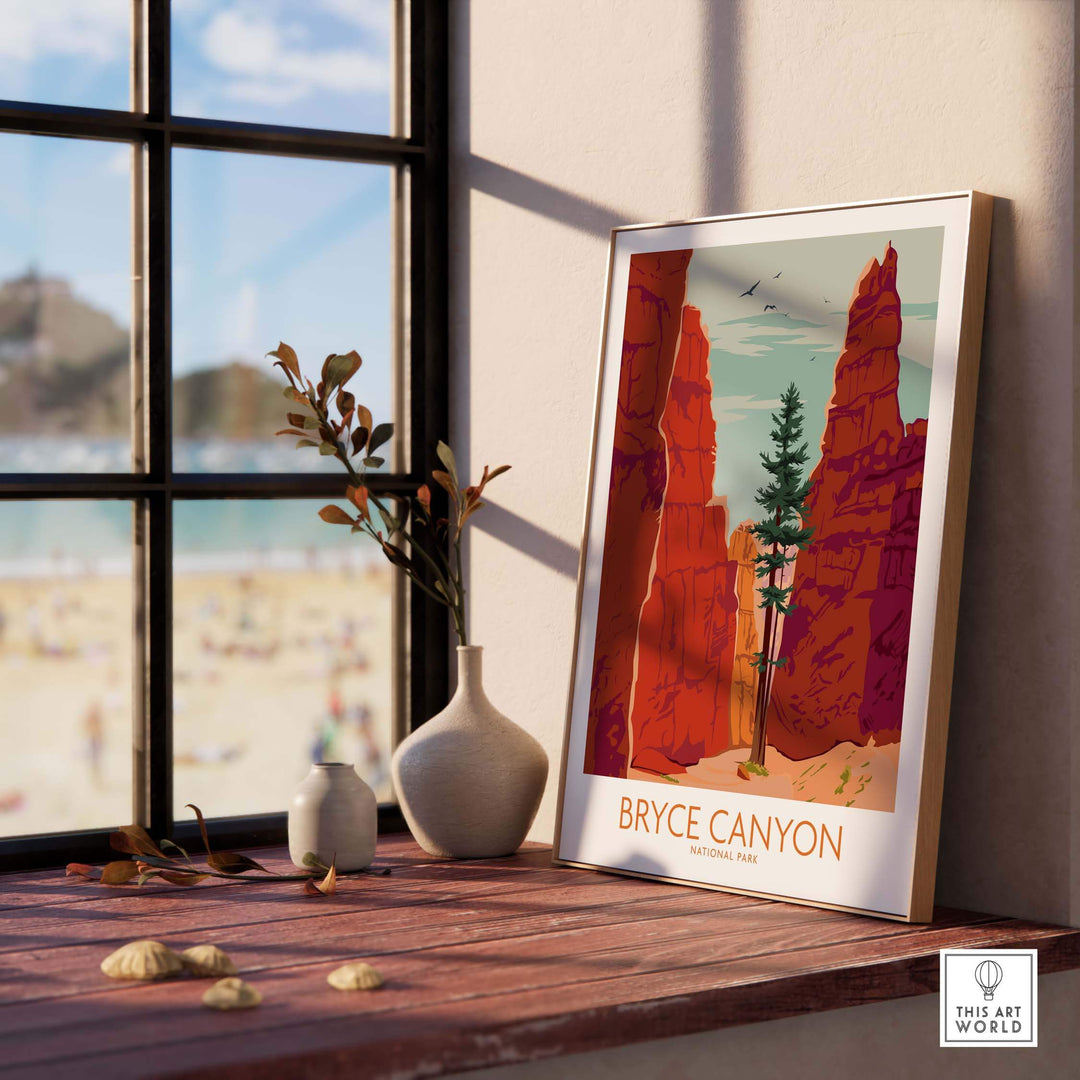 Bryce Canyon poster print featuring a vintage design, showcasing towering red rock formations and lush green trees.