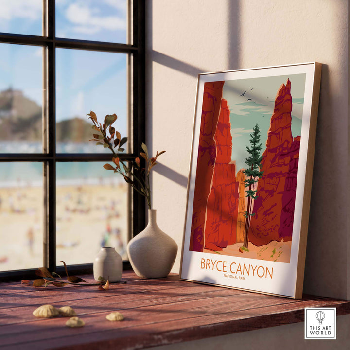 Bryce Canyon poster print featuring a vintage design, showcasing towering red rock formations and lush green trees.