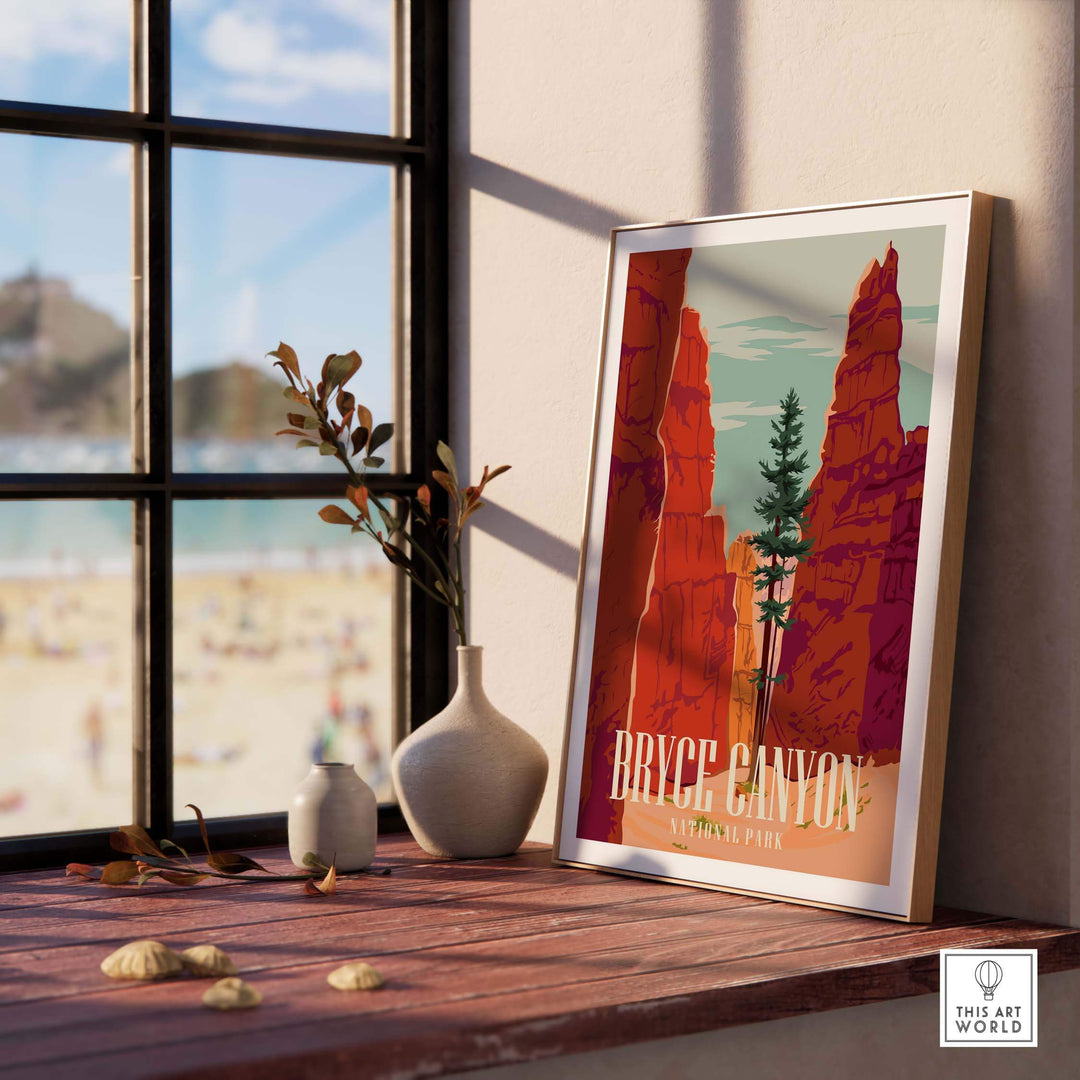 Bryce Canyon National Park vintage poster print displayed in a cozy interior with natural light and decorative elements.