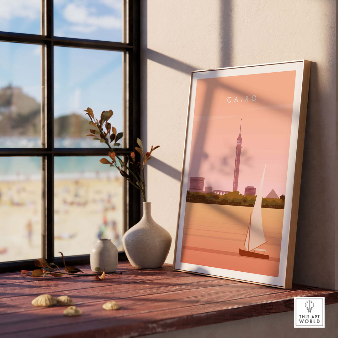 Cairo Print Wall Art Poster with vintage design, displayed beside a vase, showcasing a sailboat and iconic Cairo skyline.