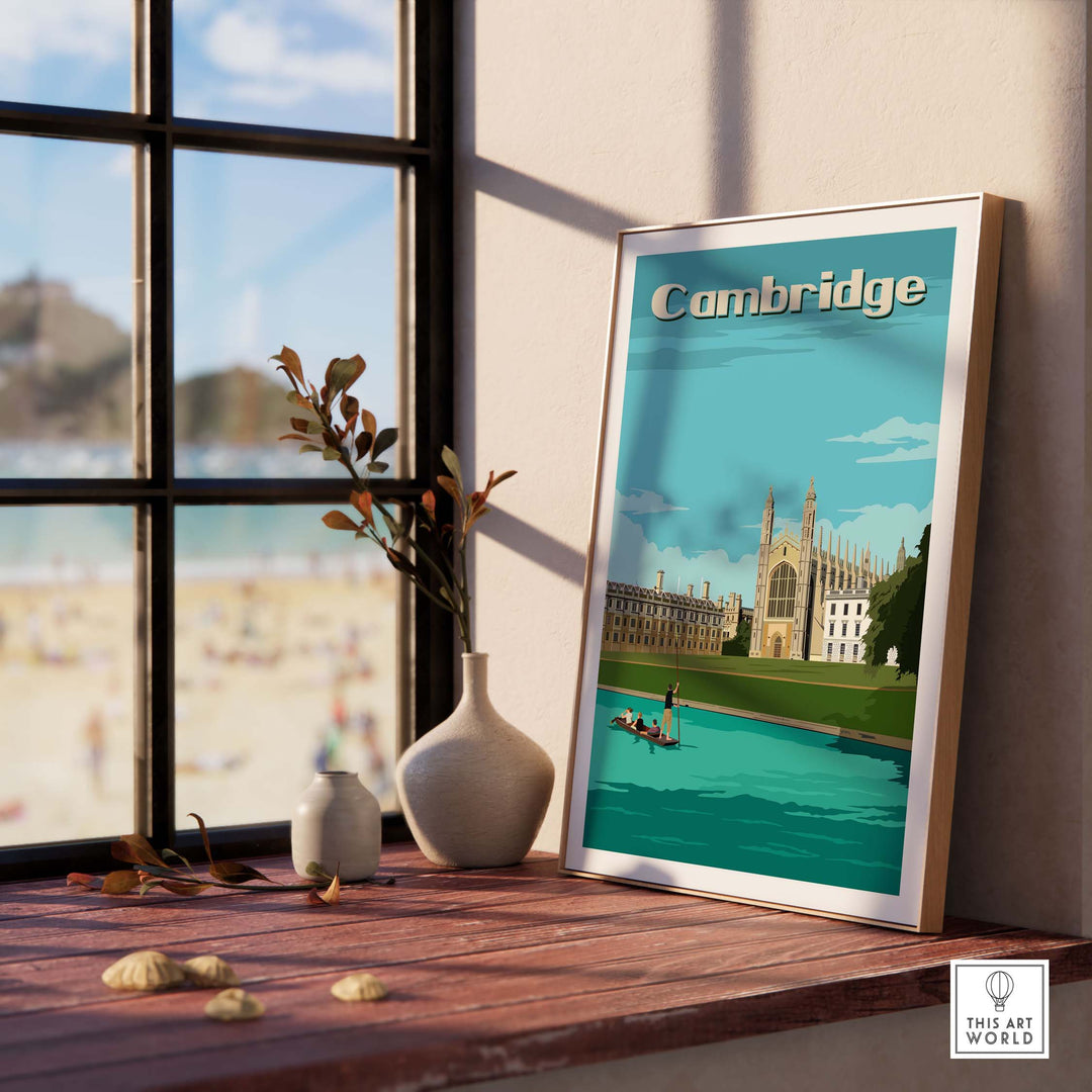 Framed Cambridge vintage poster print showcasing King's College by the river, ideal for home or office decor.