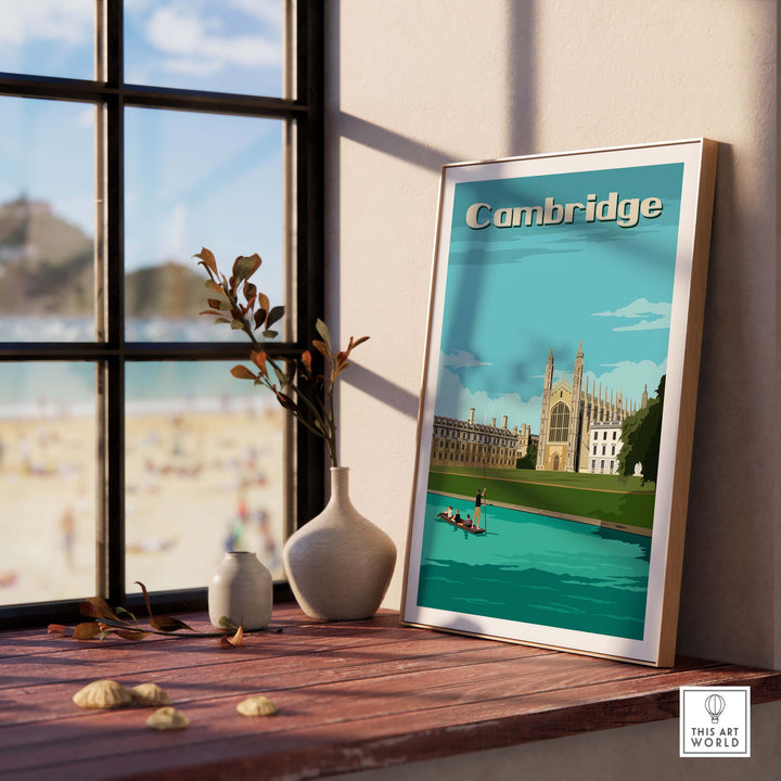 Framed Cambridge vintage poster print showcasing King's College by the river, ideal for home or office decor.