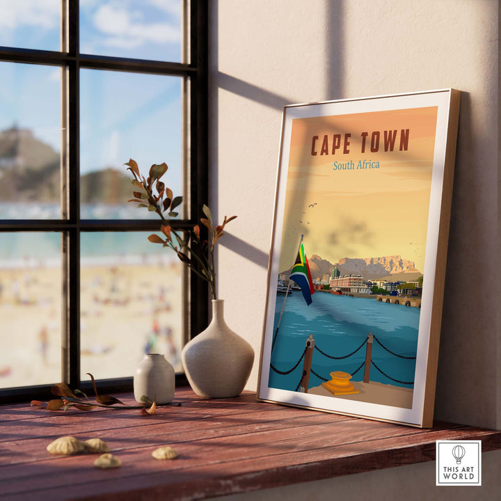 Cape Town Travel Poster Print displayed on a table next to a vase, showcasing vibrant colors and minimalist design.