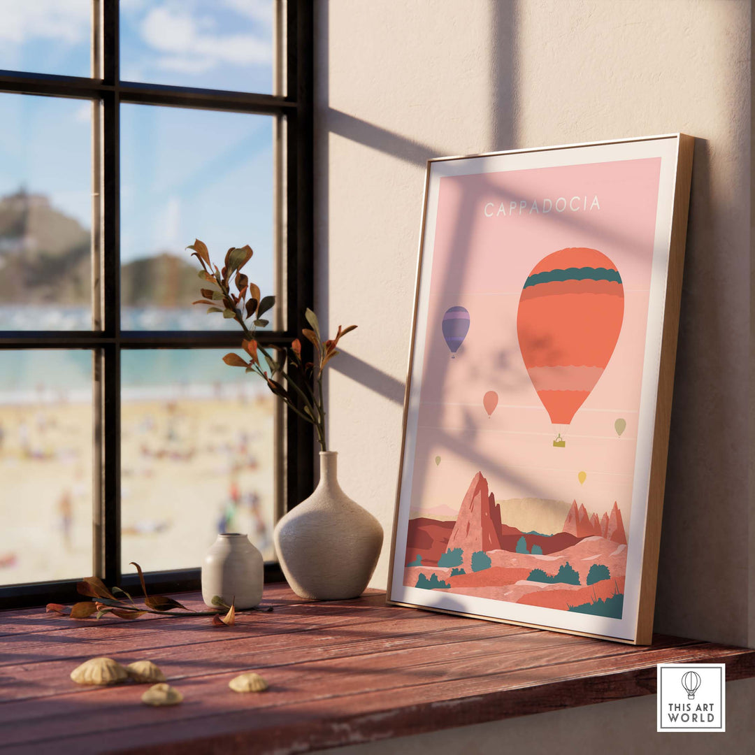 Cappadocia print wall art poster featuring hot air balloons and landscapes, displayed on a sunlit retro-style shelf.