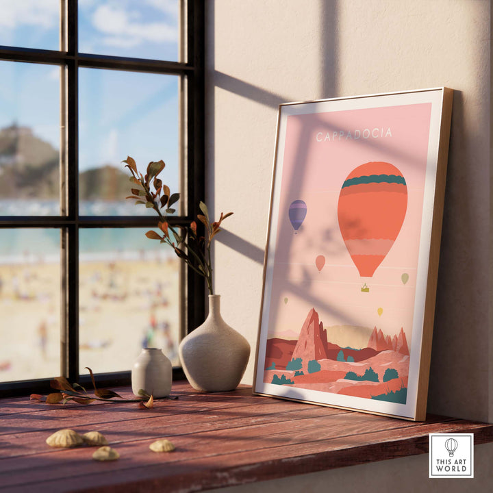 Cappadocia print wall art poster featuring hot air balloons and landscapes, displayed on a sunlit retro-style shelf.