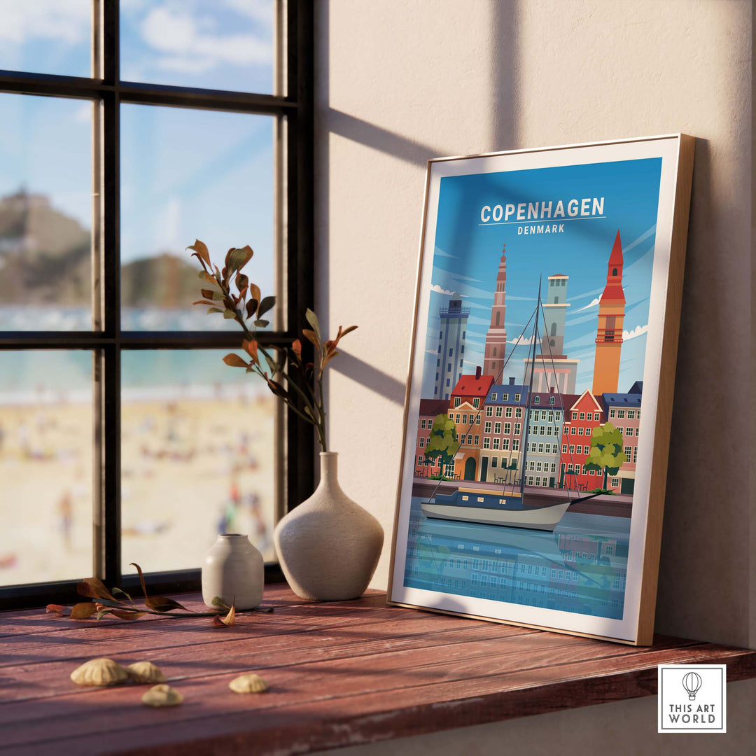 Copenhagen Print in a stylish frame on a table by the window, showcasing vibrant colors and minimalist design.