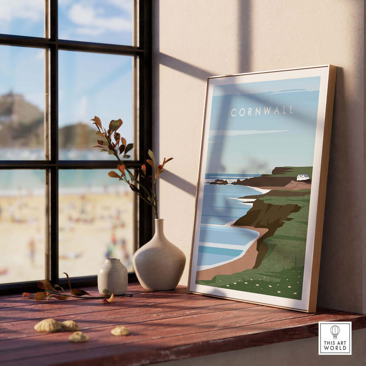 Framed Cornwall Print Wall Art Poster showcasing coastal scenery, perfect for home or office decor.