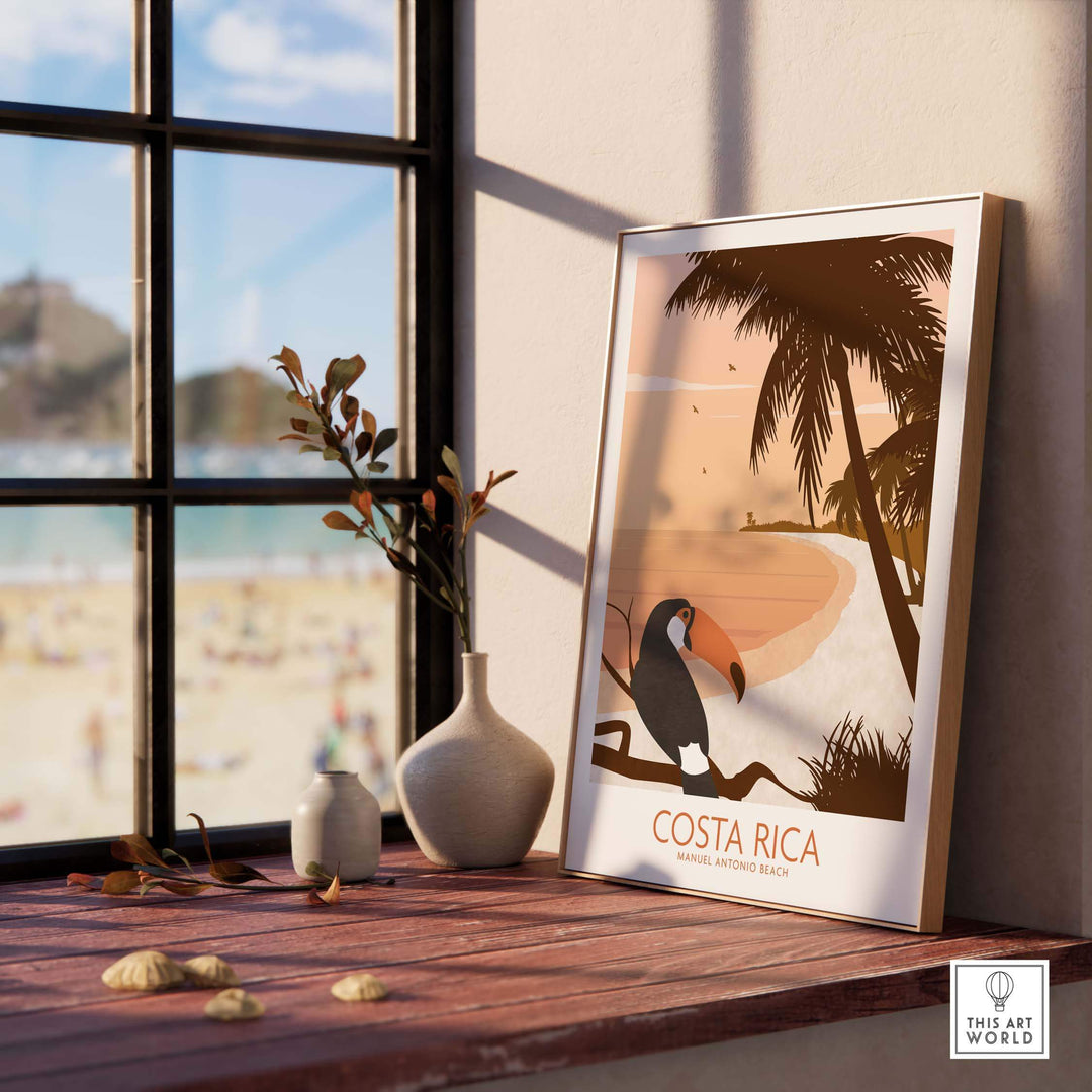 Costa Rica Print Poster featuring a toucan by the beach, enhancing tropical vibes in a modern interior setting.