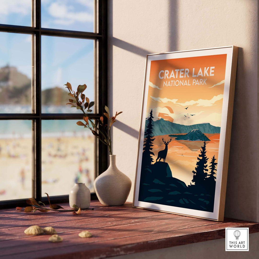 Crater Lake National Park poster framed, showcasing minimalist design and nature-inspired artwork in stylish home decor.