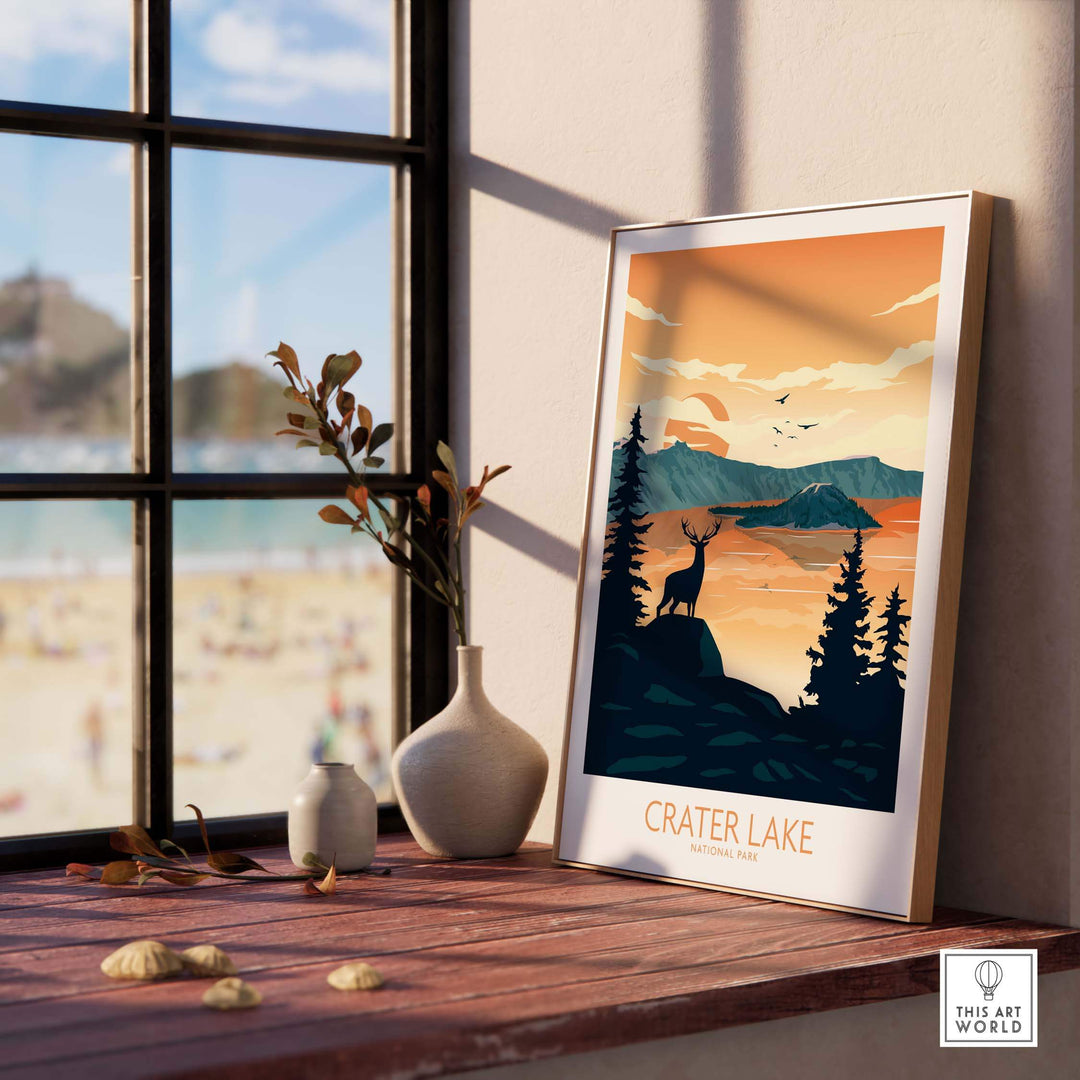 Crater Lake National Park poster art print displayed on a wooden table near a window with beach view.