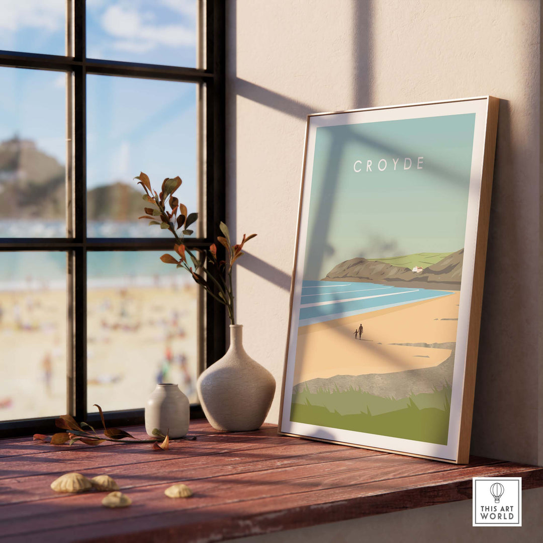 Croyde Poster Print Wall Art displayed in a cozy interior, showcasing a scenic beach view and nostalgic travel vibe.