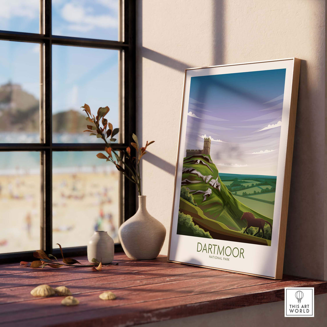 Dartmoor National Park poster displayed in a modern interior with beach view, showcasing minimalist art style.