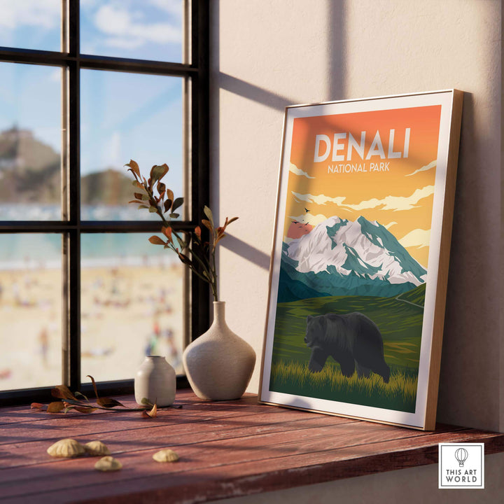 Framed Denali National Park poster showcasing mountains and a bear, perfect for home or office decor.