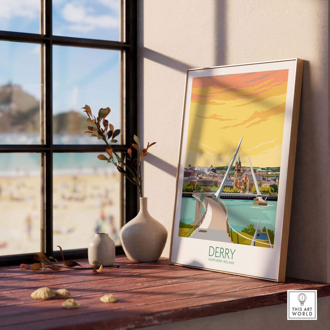 Derry print poster depicting the Peace Bridge in Northern Ireland, featuring vintage travel art style, set beside a window.