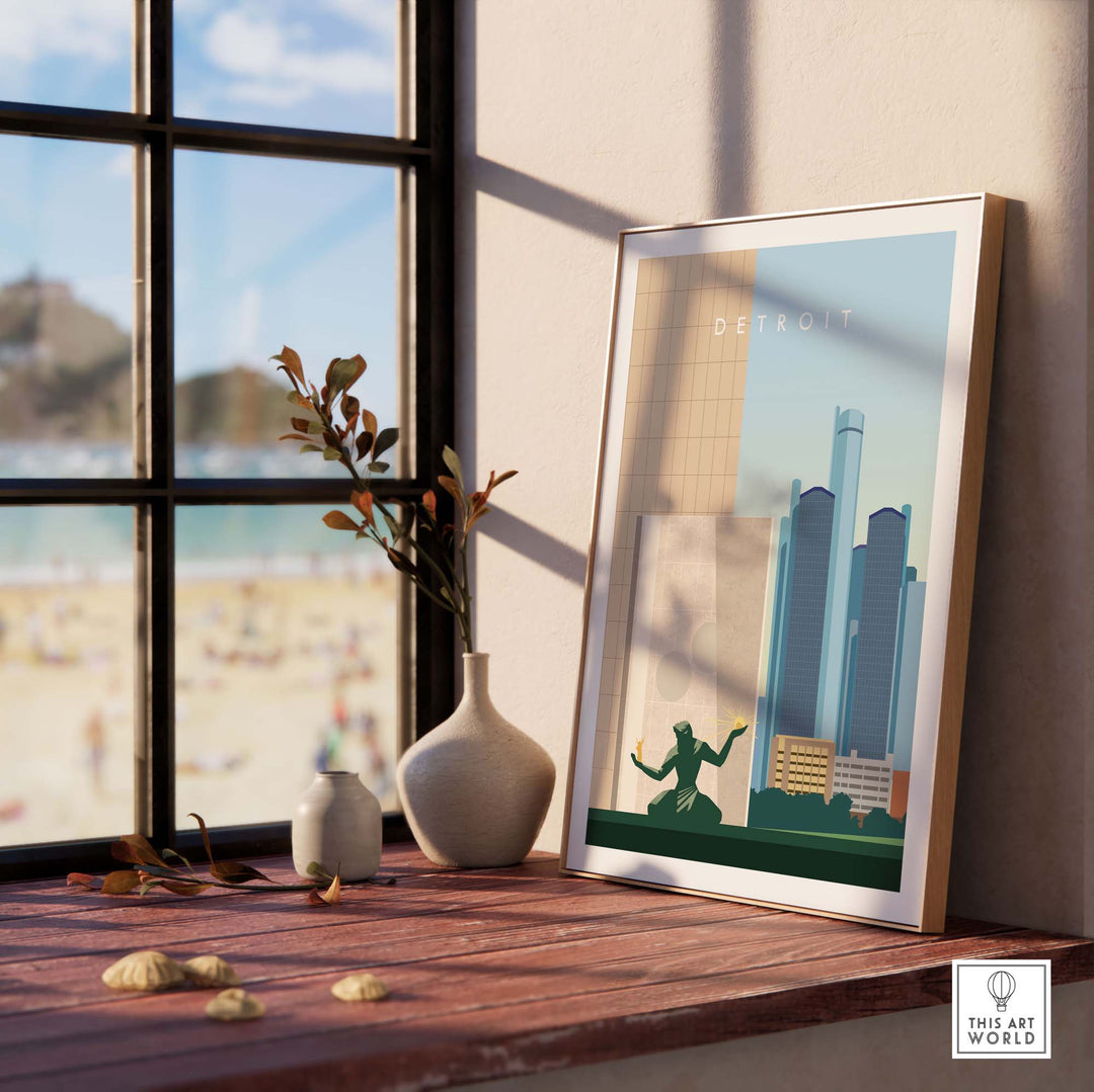 Detroit travel poster print displayed on a wooden table by a window, showcasing minimalist city skyline art.
