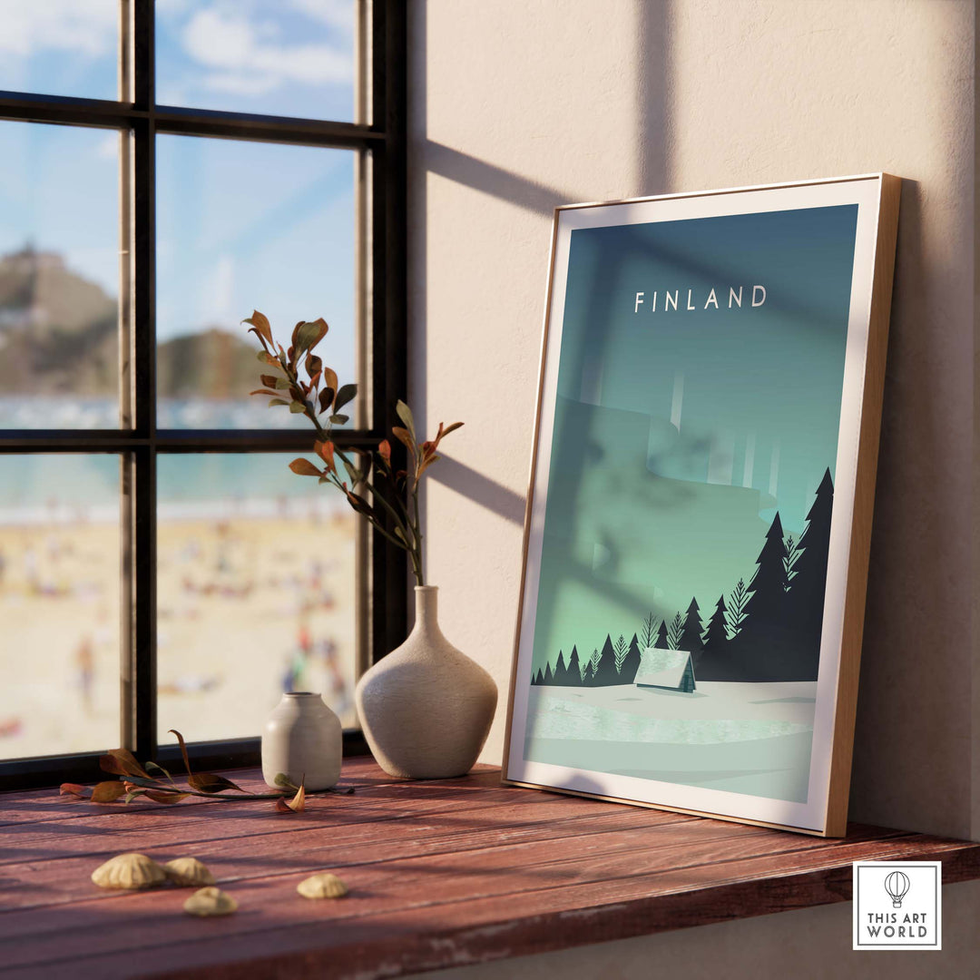 Finland Print Wall Art Poster displayed in a stylish interior setting with a beach view, perfect for travel enthusiasts.