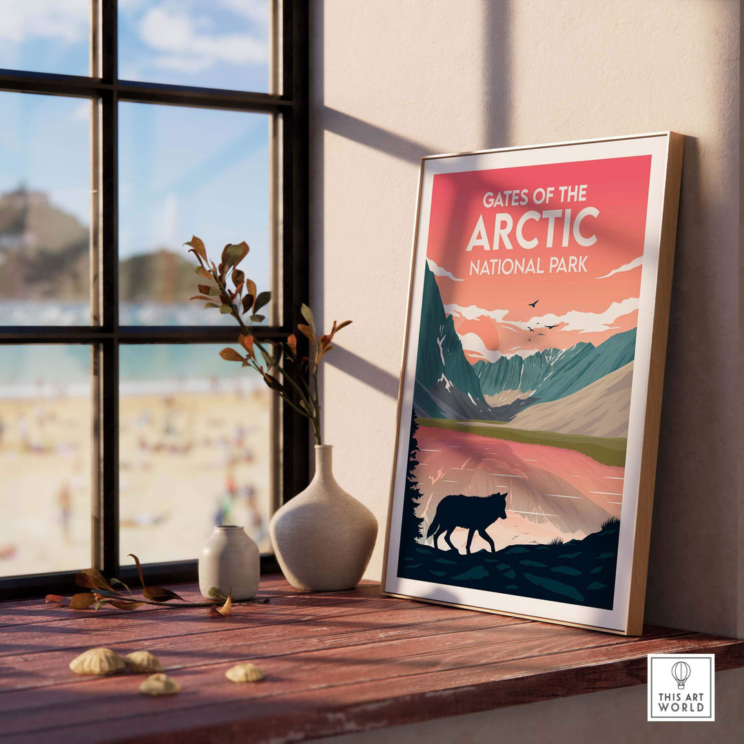 Gates of the Arctic National Park poster featuring mountains and a bear, displayed at a scenic window setting.