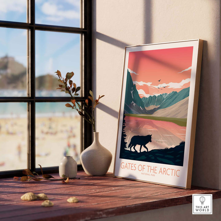 Gates of the Arctic National Park art print displayed indoors, featuring mountains and wildlife in a minimalist design.