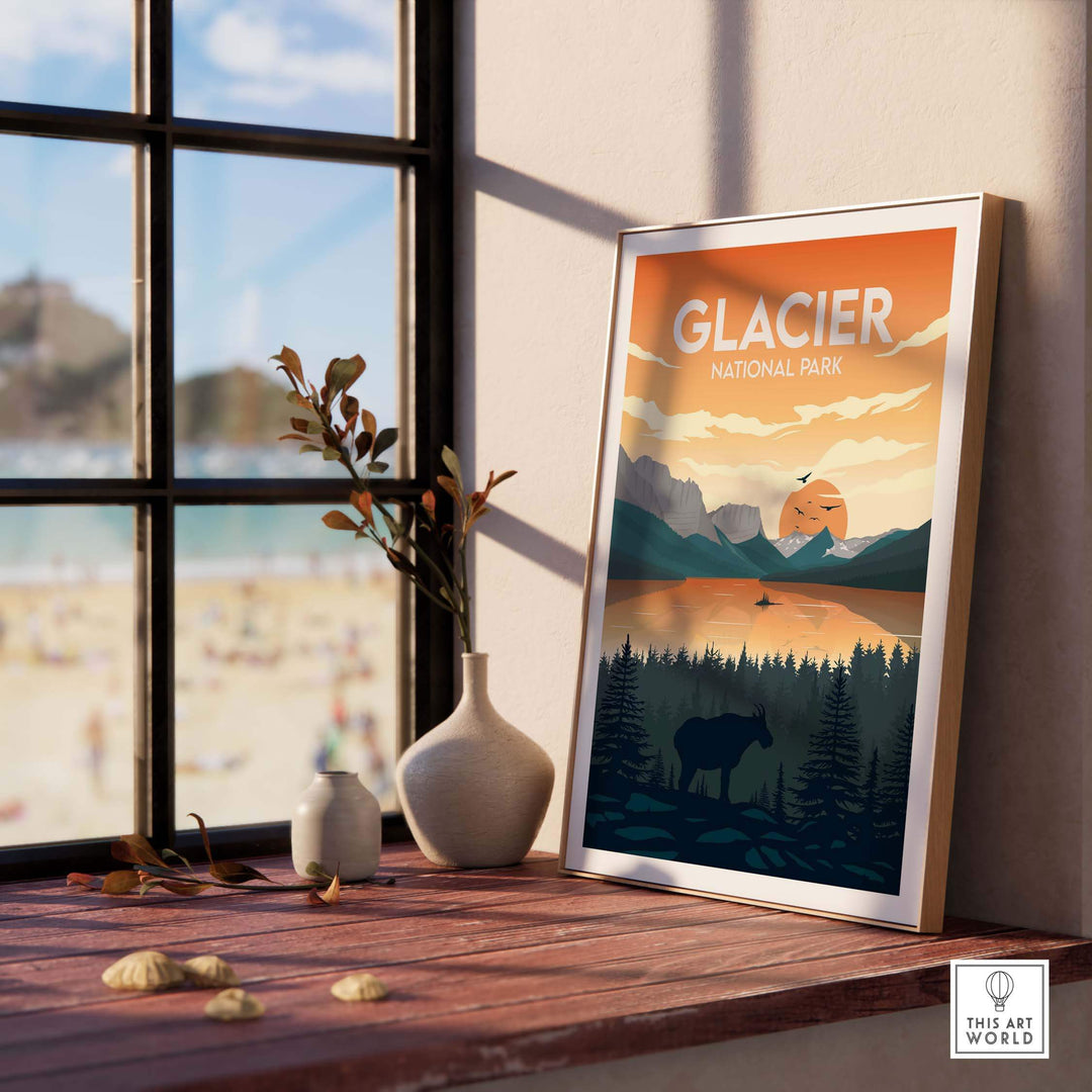 Glacier National Park poster in a stylish frame on a table with decorative elements and a beach view.