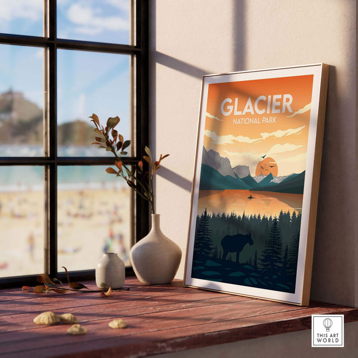 Glacier National Park poster in a stylish frame on a table with decorative elements and a beach view.