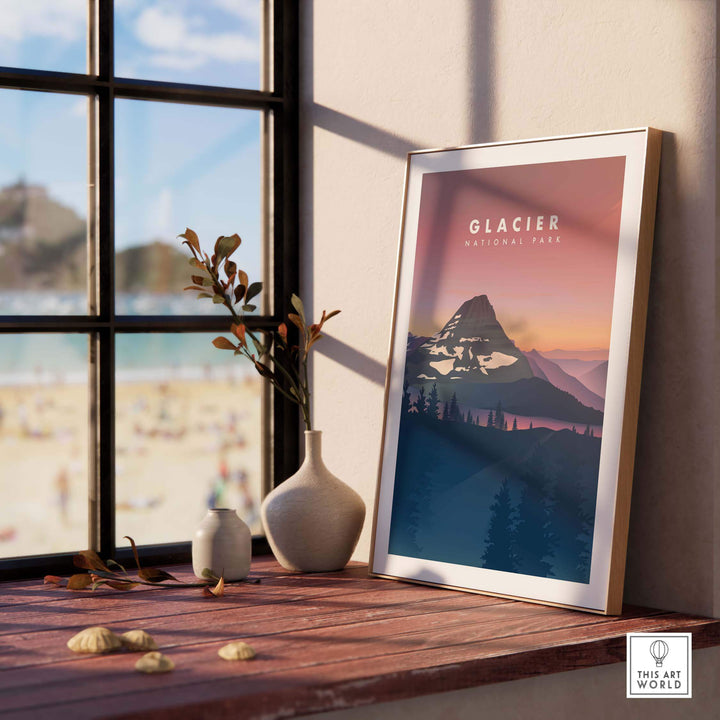 Framed Glacier National Park art print showcasing Hidden Lake with a scenic view and stylish decor.
