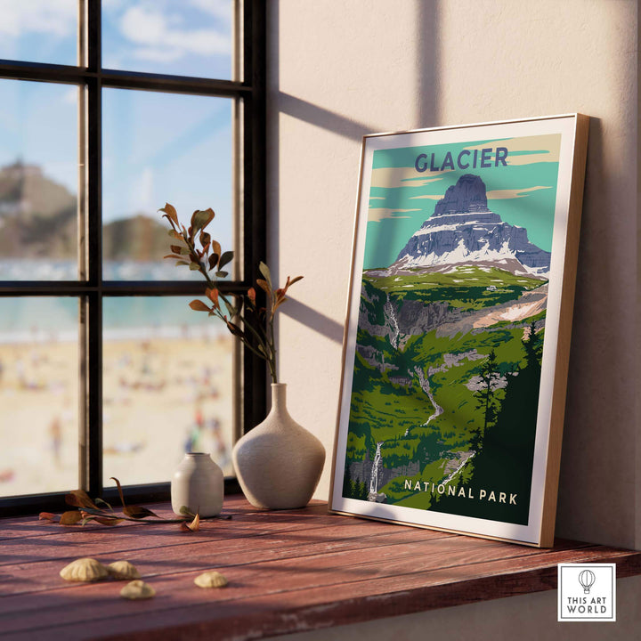 Glacier National Park vintage print framed, showcasing majestic mountain scenery and vibrant green landscapes.