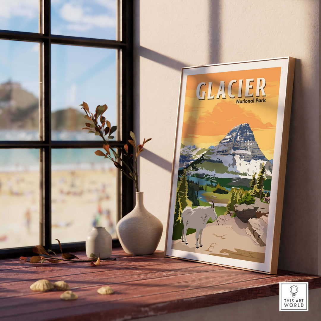 Framed Glacier National Park poster art showcasing vintage style with mountain, goat, and nature scenery.