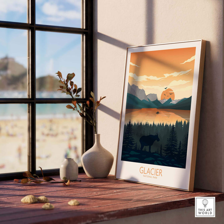 Glacier National Park art print showcased in a stylish indoor setting with a scenic view.