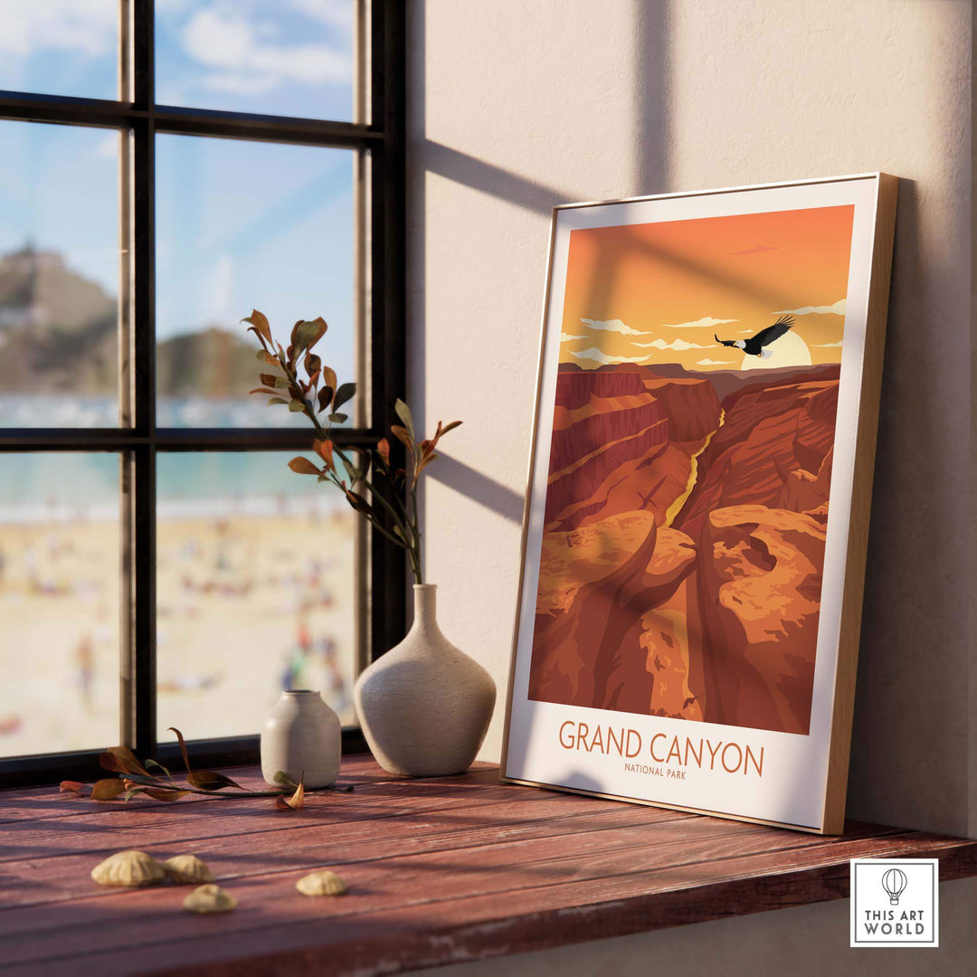 Grand Canyon National Park poster art print displayed on a wooden table by a window, showcasing a modern minimalist design.