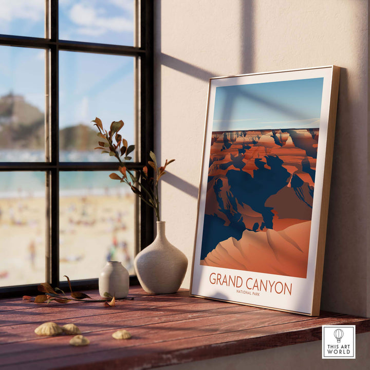 Grand Canyon National Park art print framed, showcasing minimalist design and vibrant colors in a stylish home setting.