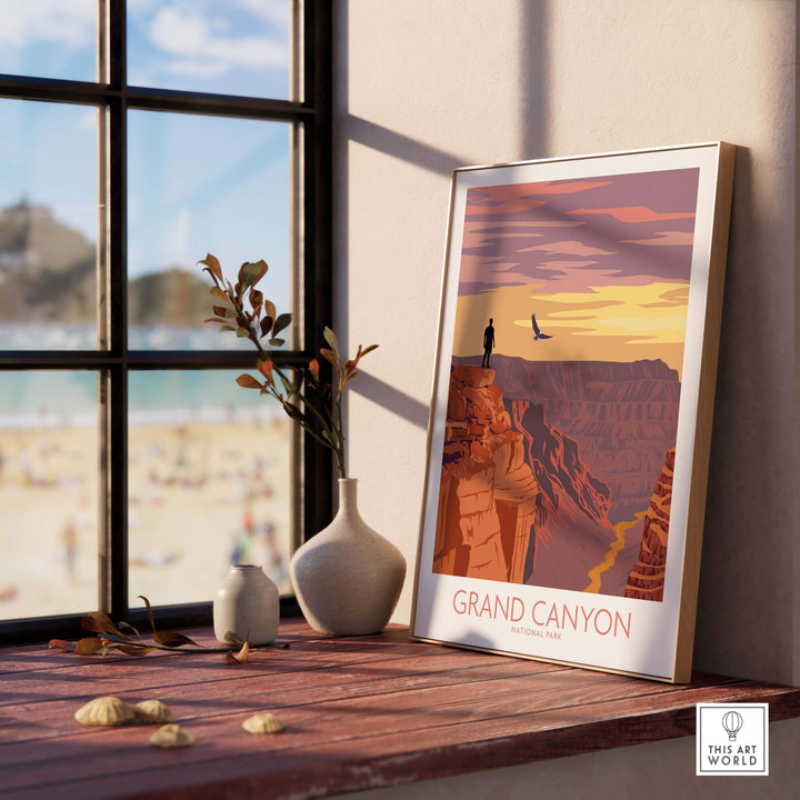Grand Canyon poster print displayed in a bright room with a scenic view, showcasing vintage-inspired National Park art.