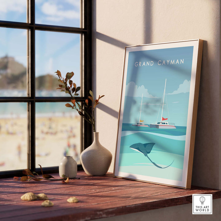 Grand Cayman Wall Art Poster displayed indoors with a coastal view, featuring a stingray and sailboats.