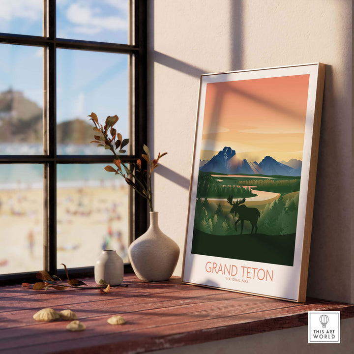 Grand Teton National Park art print displayed in a stylish interior with a natural landscape view.