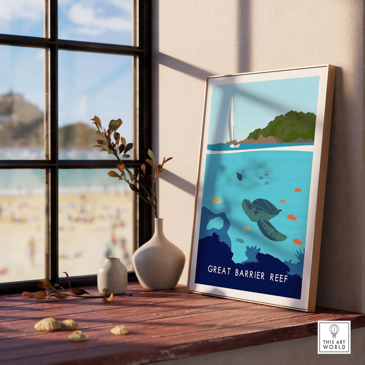 Great Barrier Reef Print featuring vibrant marine life and a sailboat, perfect for home or office wall art.