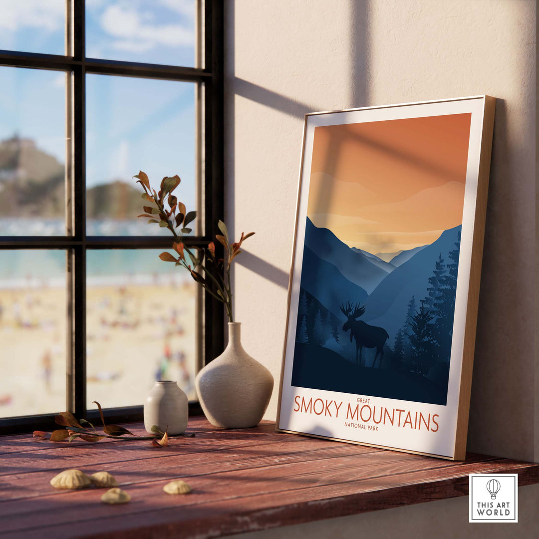 Smoky Mountains National Park art print showcased indoors near a window with a beach view, minimalist design.