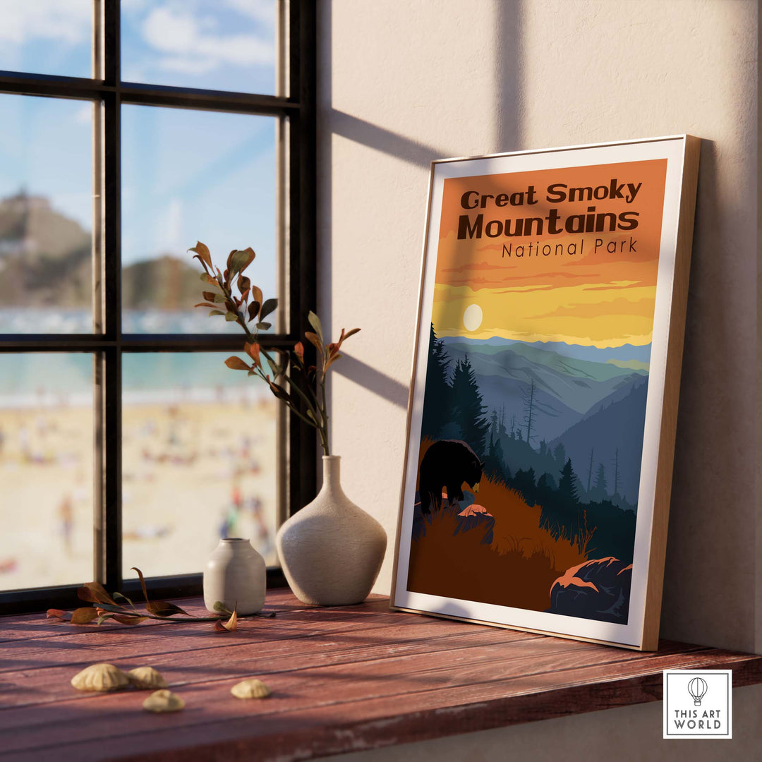 Framed Smoky Mountains National Park print showcasing vibrant sunset and scenic nature, perfect for home or office decor.