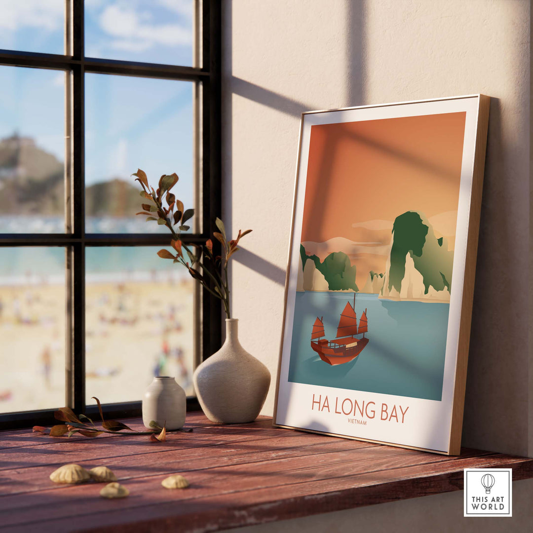 Ha Long Bay Vietnam wall art print displayed in a sunlit room with a view of the beach.