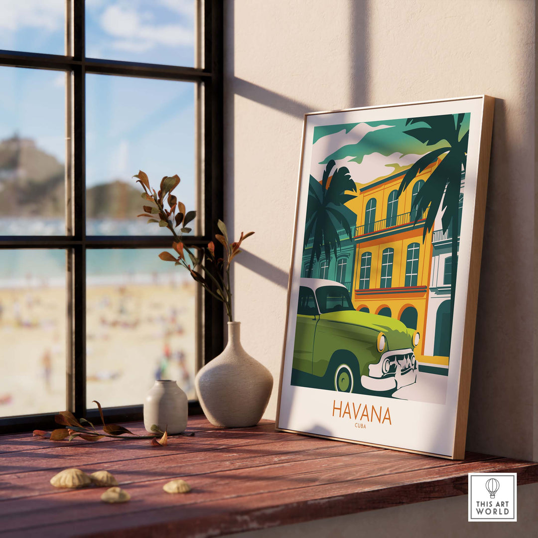 Havana Cuba poster print displayed in a stylish home setting, showcasing vibrant vintage artwork.