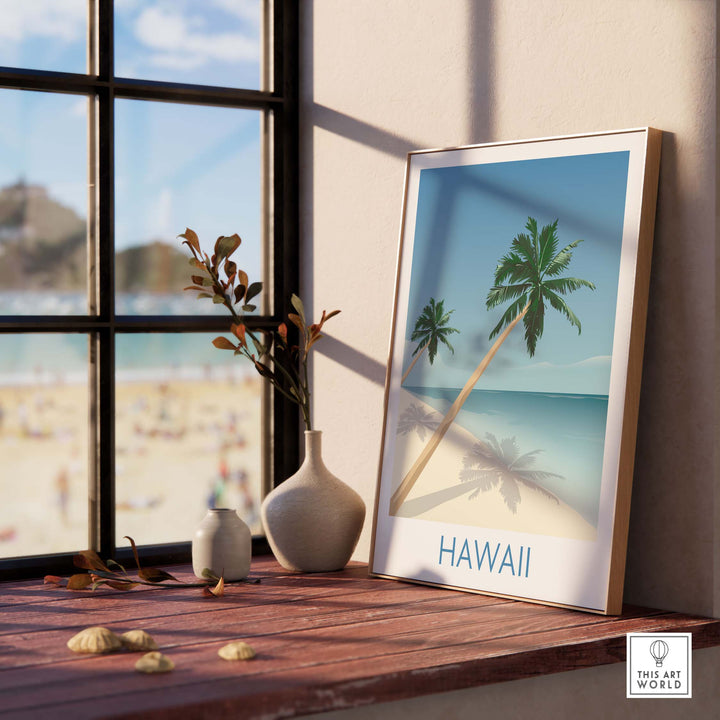 Hawaii Beach wall art print featuring palm trees, perfect for home or office decor, inspired by vintage travel posters.