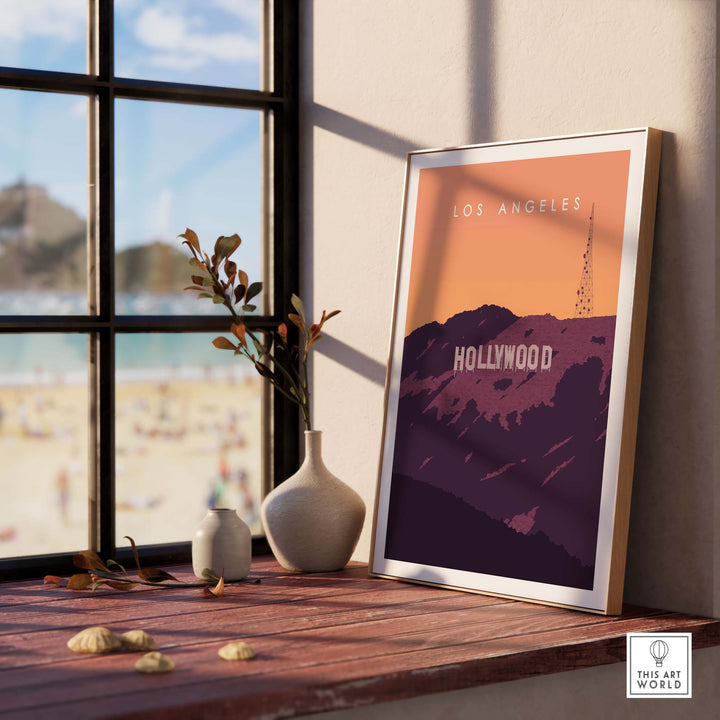 Hollywood Sign Print Wall Art Poster in a framed display, capturing the essence of Los Angeles nostalgia.