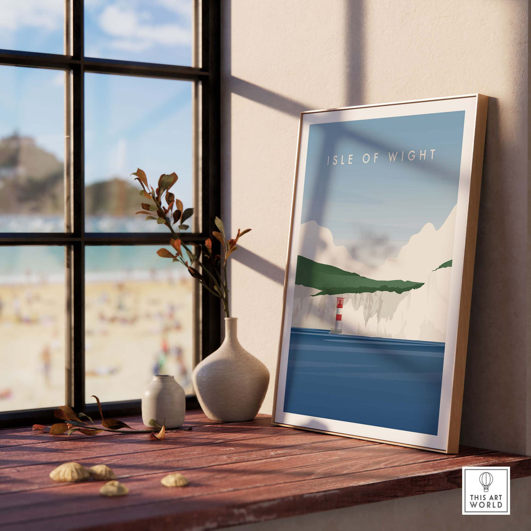 Isle of Wight Wall Art Poster displayed on a wooden table by a window, showcasing nostalgic travel vibes.