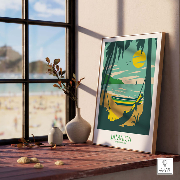 Jamaica Retro travel poster displayed indoors, capturing nostalgic wanderlust with vibrant colors and beach scenery.
