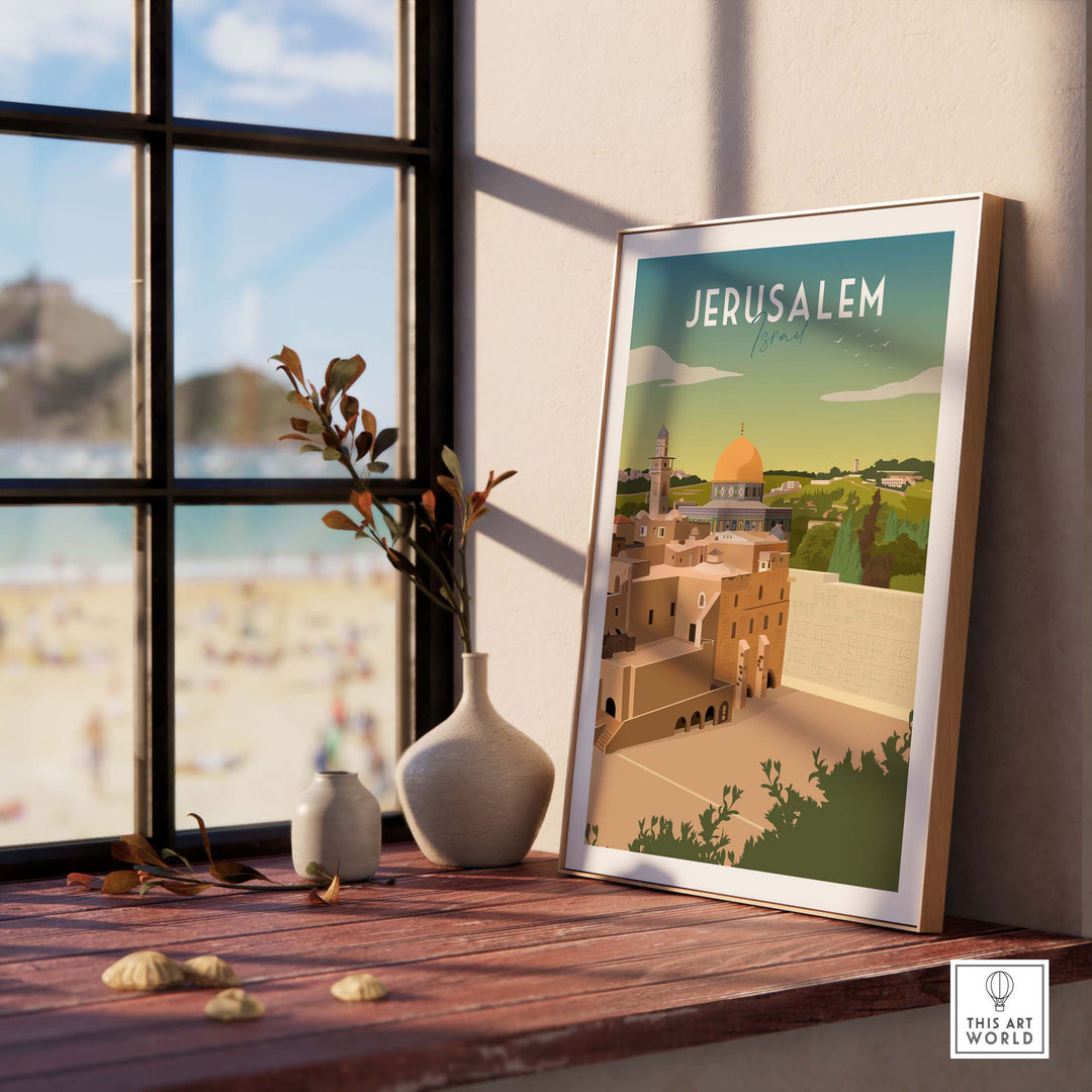 Jerusalem travel poster print in a stylish frame on a wooden table with a vase, showcasing minimalist art and wanderlust.