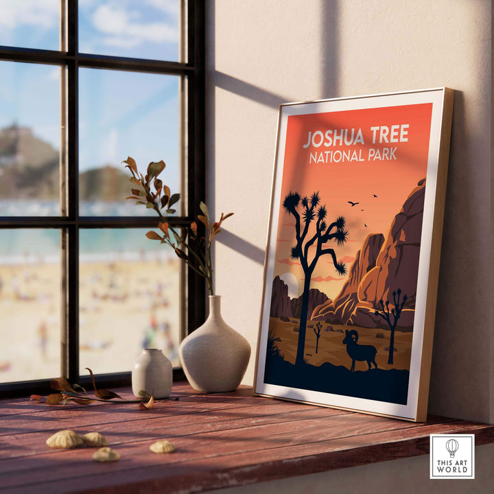 Joshua Tree Print, National Park poster in a stylish frame on a wooden shelf by a window, showcasing nature art.
