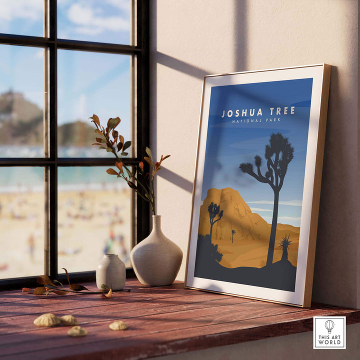 Joshua Tree National Park art print framed by a window, showcasing vintage Mojave Desert landscape and travel vibes.